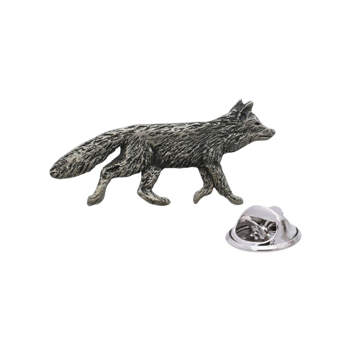 Antique silver-coloured walking fox lapel pin badge with bushy tail and butterfly clasp
