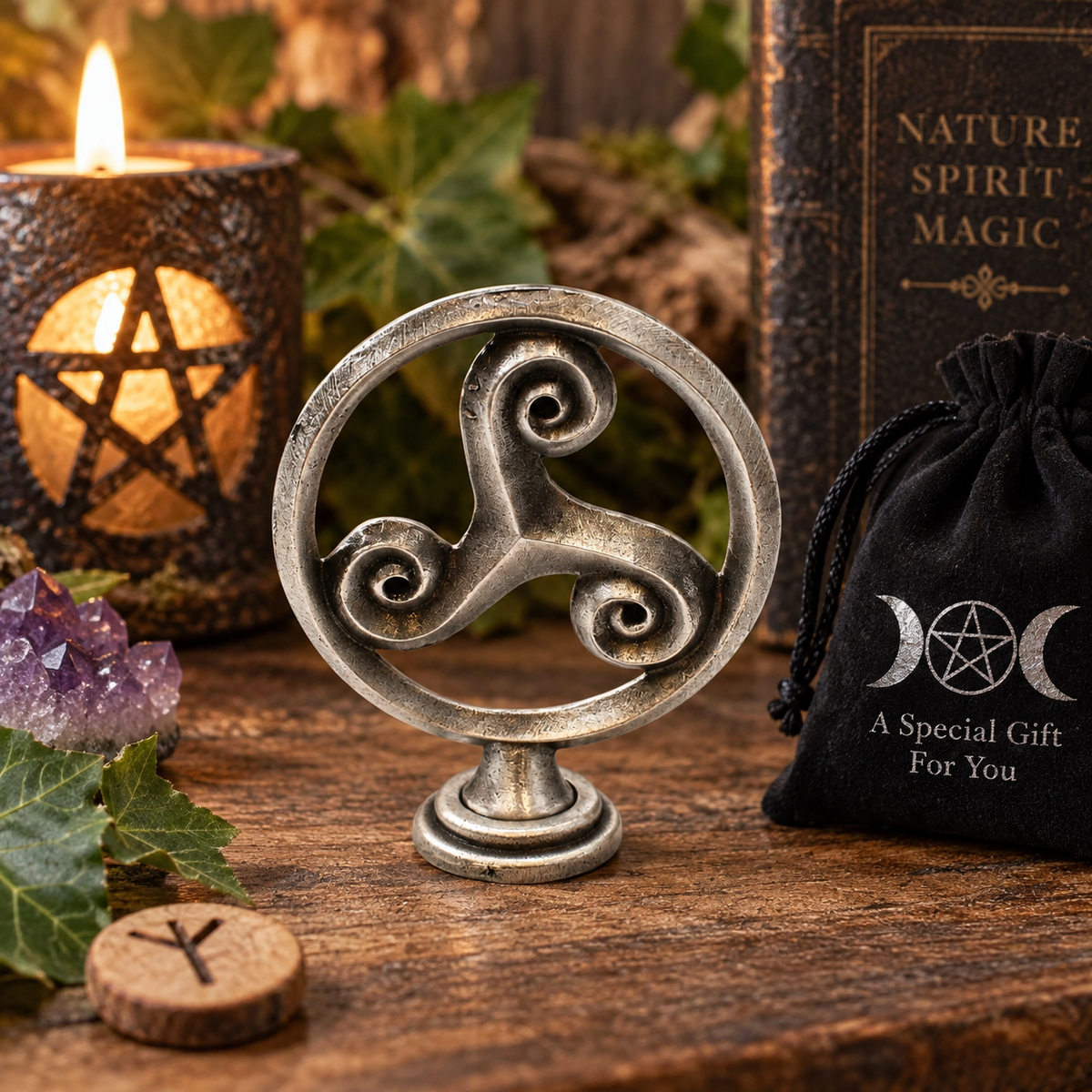 Illustrative in-situ photograph of freestanding Triskele pewter ornament on a candlelit wooden altar with greenery and crystals