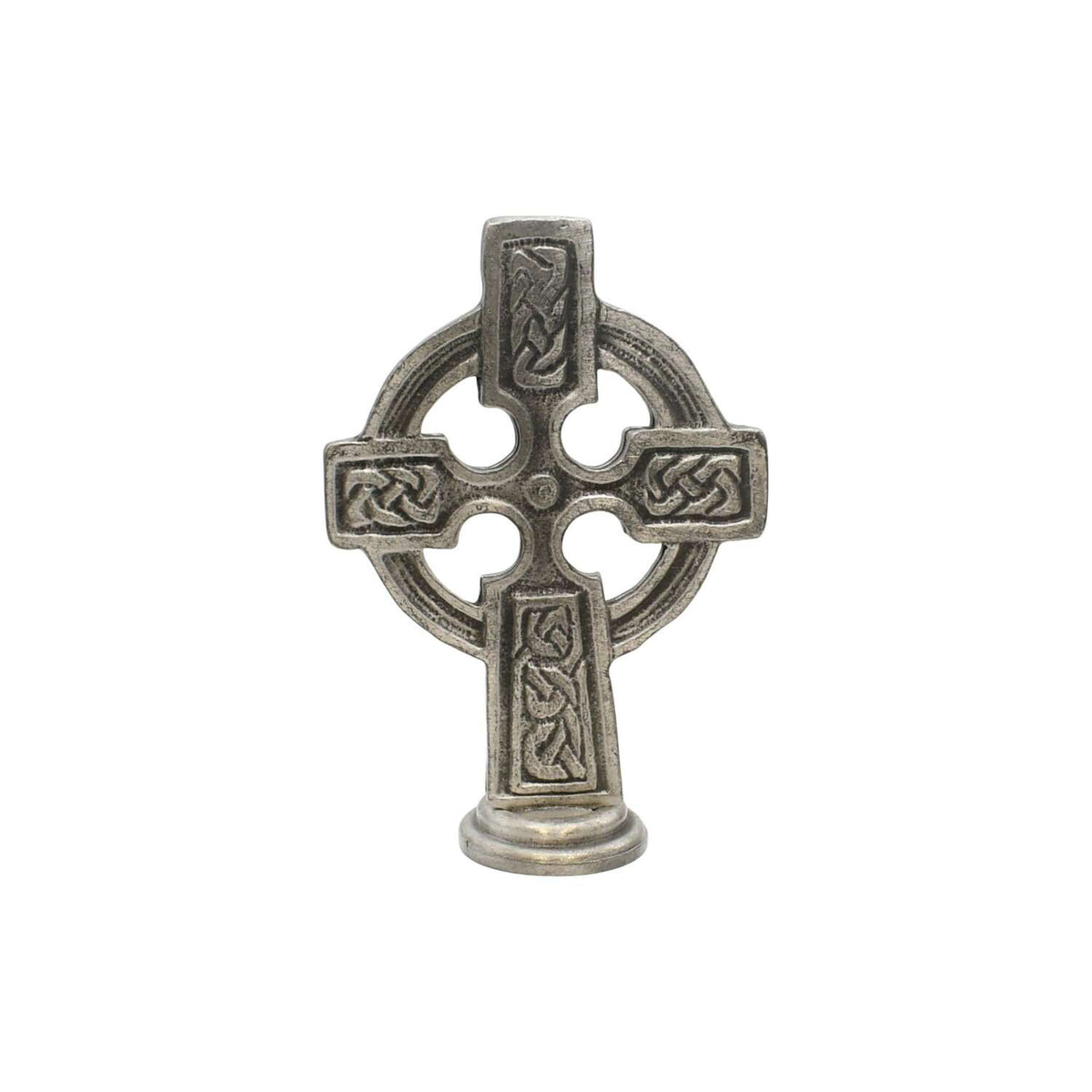 Pewter Celtic Cross altar ornament with ring and interlaced knotwork standing on pedestal against a white background