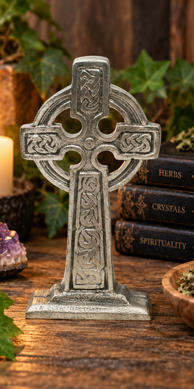 Illustrative lifestyle setting with large pewter Celtic Cross standing on rustic shelf surrounded by ivy, books and candle, without a gift bag