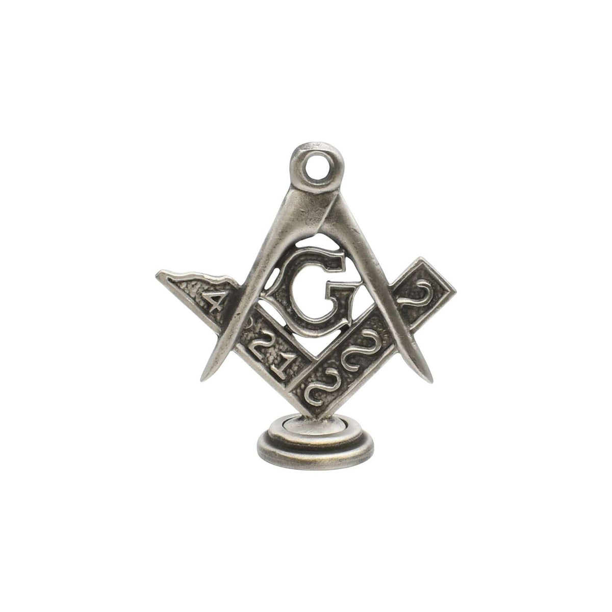 Freestanding Masonic Square and Compasses with G pewter ornament on round pedestal against white background