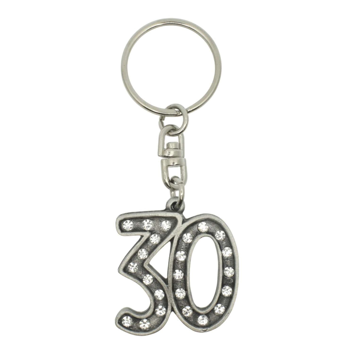 30th birthday pewter keyring with sparkling crystal accents