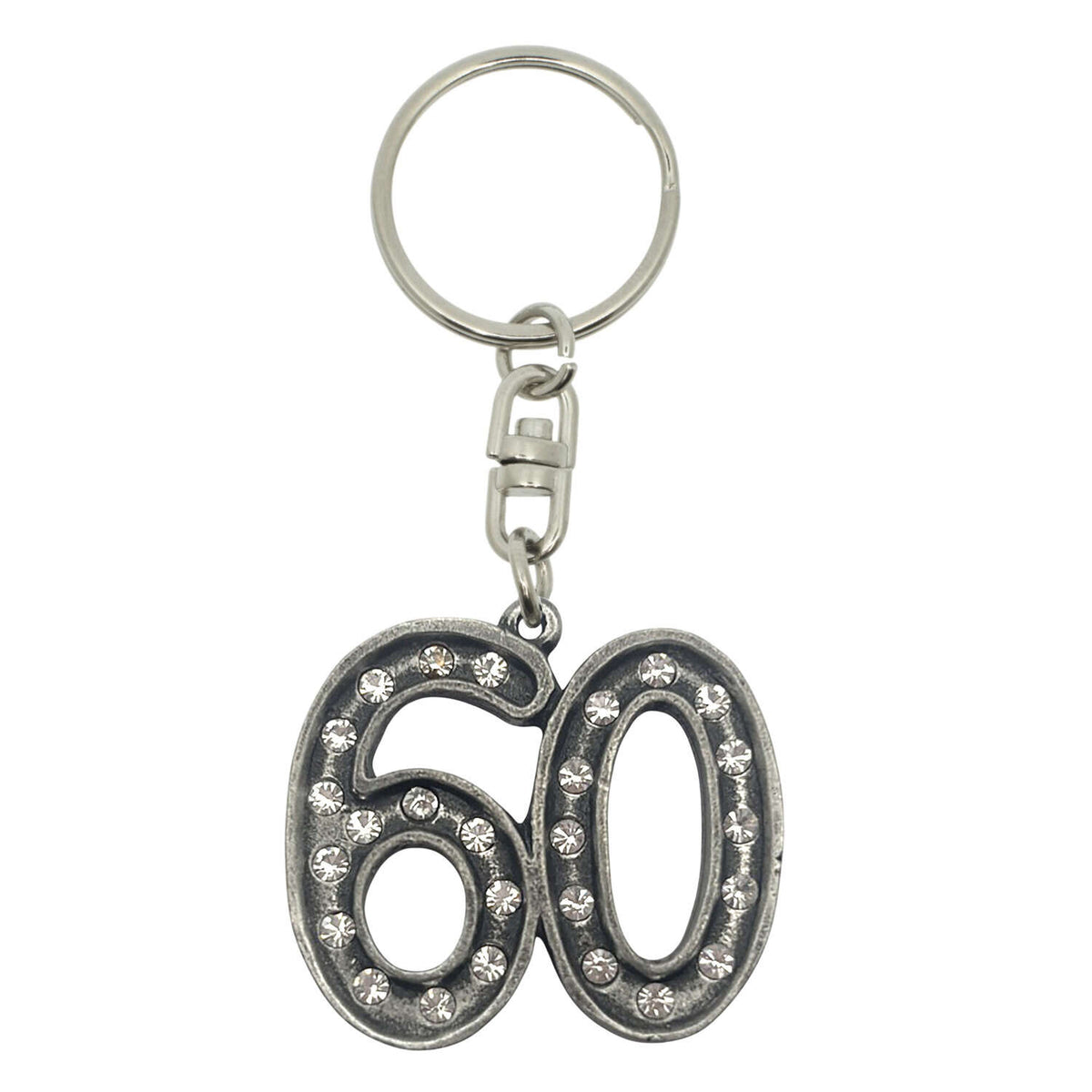 60th birthday pewter keyring with clear crystals