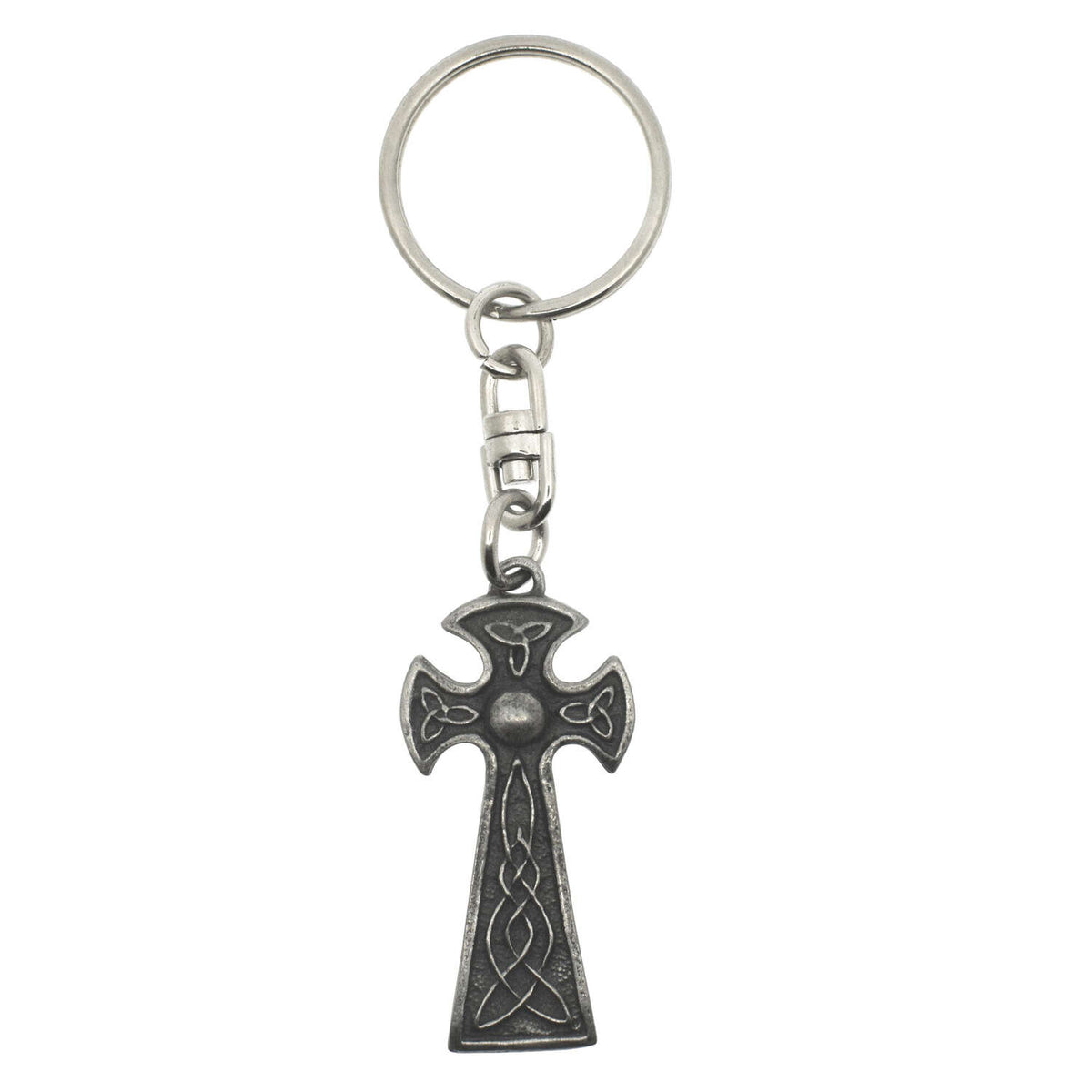 Celtic cross pewter keyring with trinity knot details
