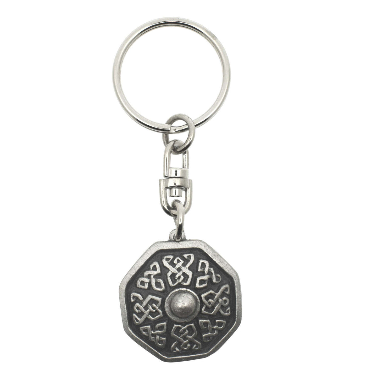 Octagonal Celtic shield pewter keyring with knotwork detailing