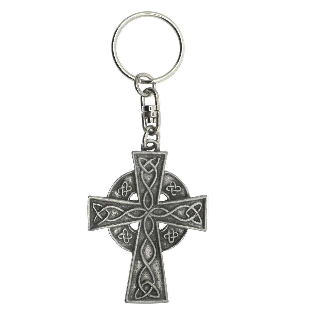 Celtic Cross pewter keyring with intricate knotwork