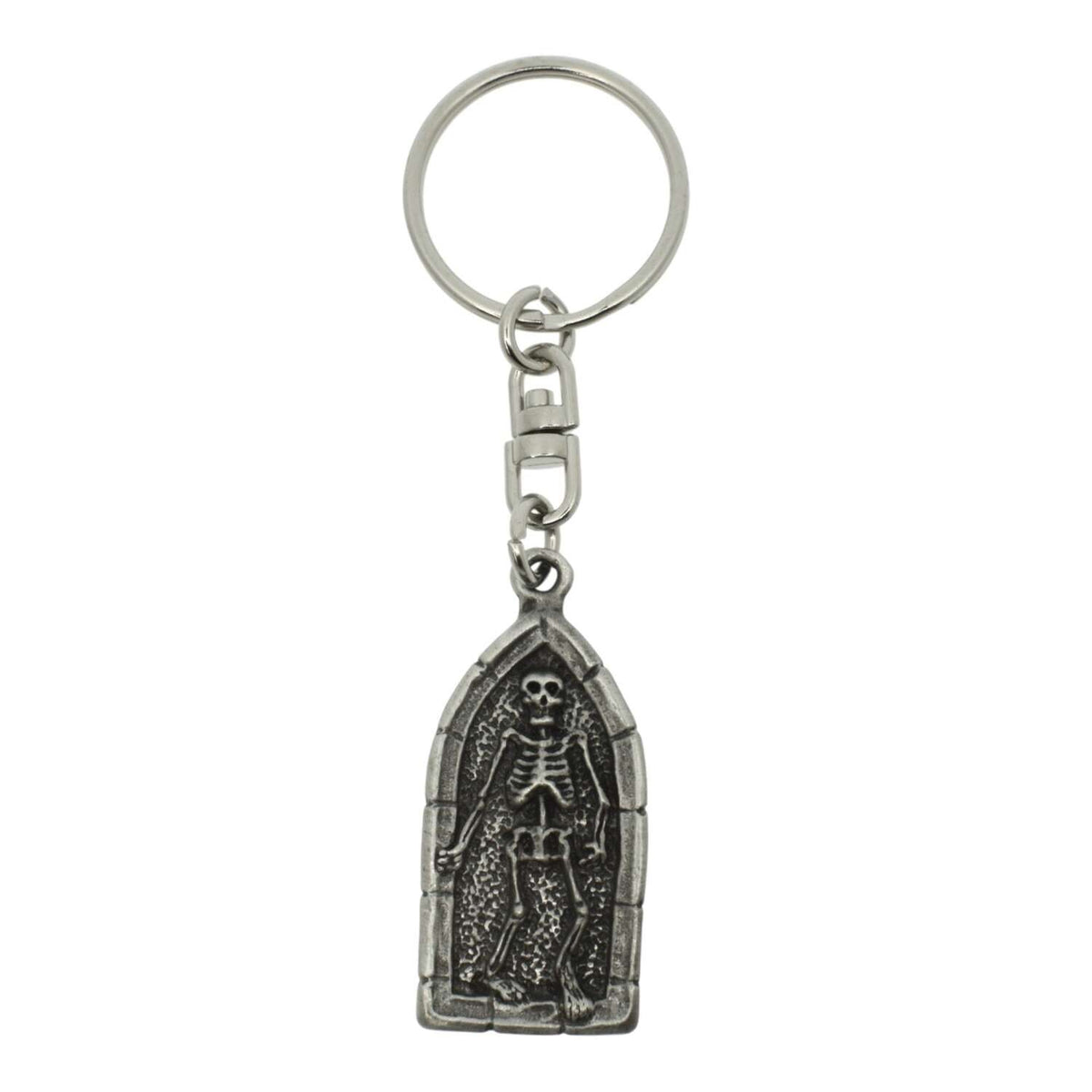 Boney skeleton Gothic arch pewter keyring