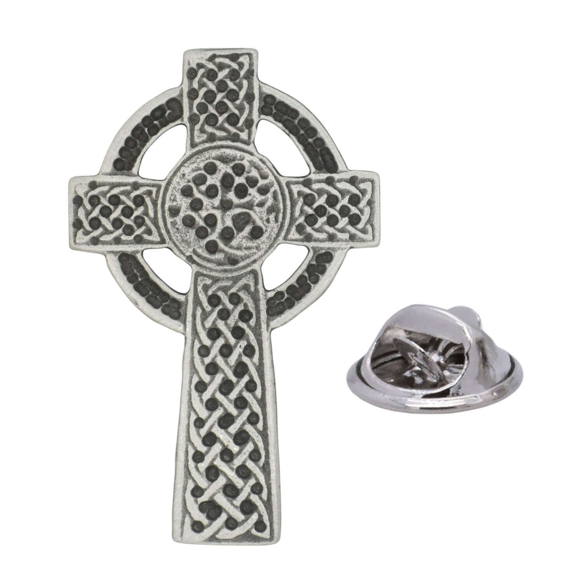 Antique silver-coloured tall Celtic cross lapel pin badge with circular ring, intricate knotwork and butterfly clasp