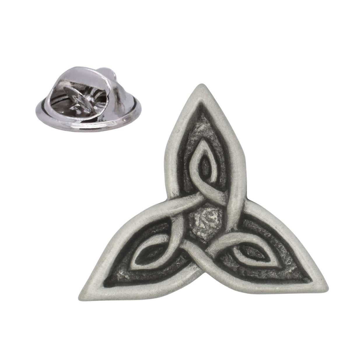 Antique silver-coloured Celtic triangle lapel pin with flowing triquetra knot design and butterfly clasp