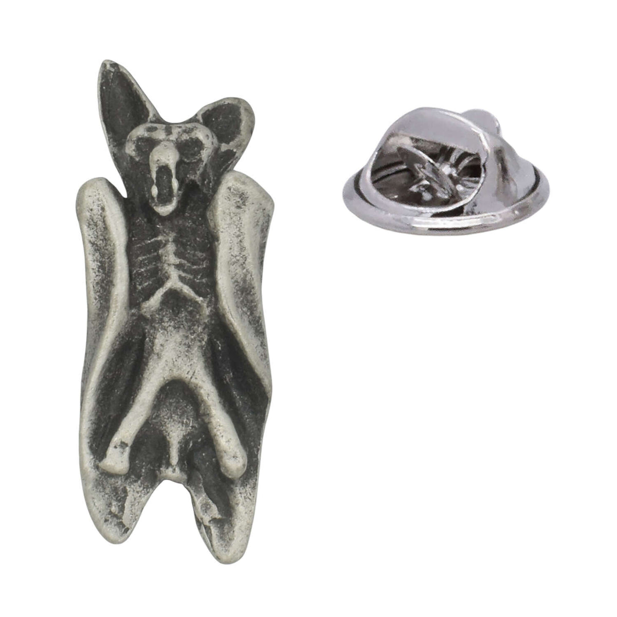 Antique silver-coloured hanging bat lapel pin with folded wings, pointed ears and butterfly clasp