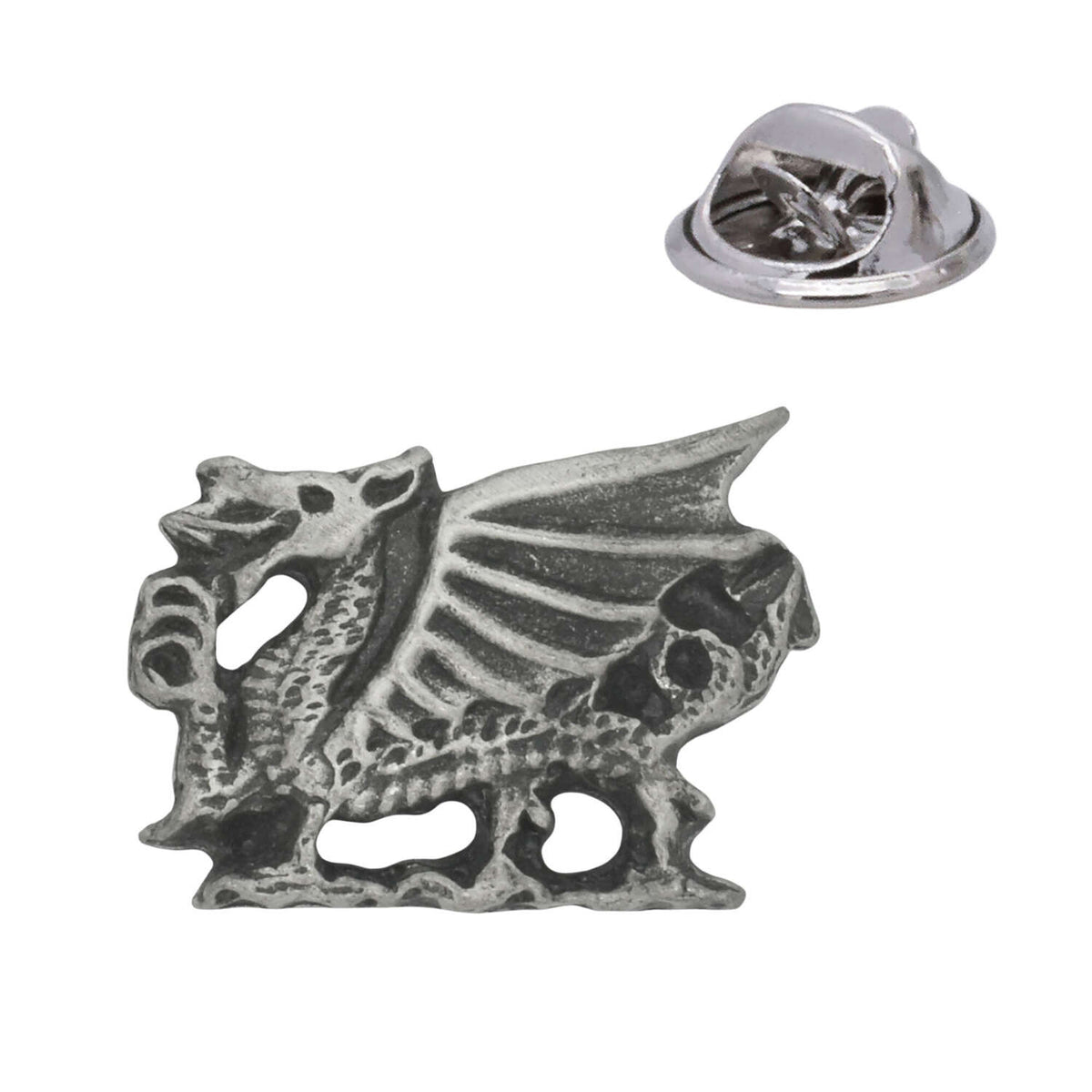 Antique silver-coloured Welsh dragon lapel pin badge with detailed wing, curled tail and butterfly clasp