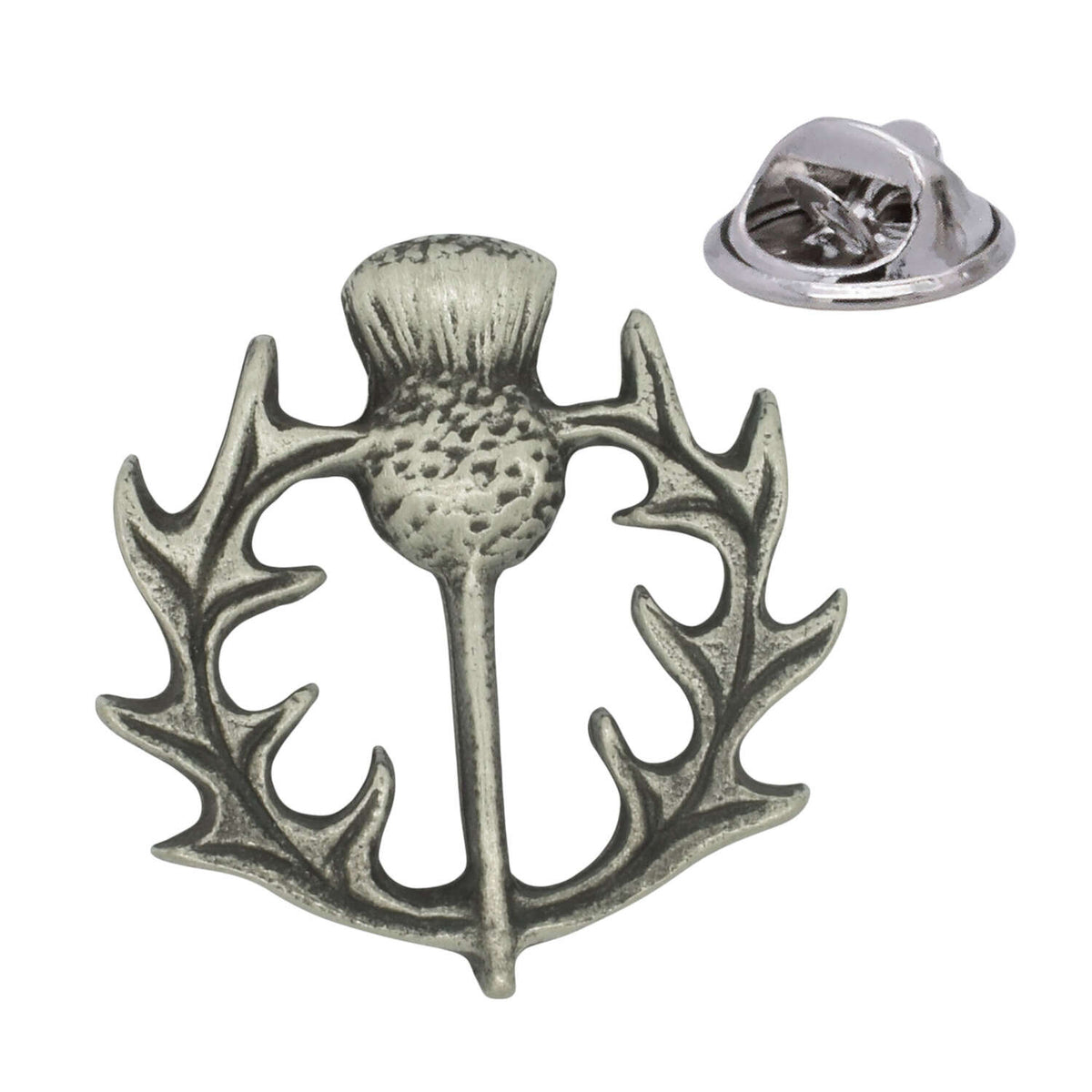 Antique silver-coloured Scottish thistle lapel pin with flower head, spiky leaves and butterfly clasp