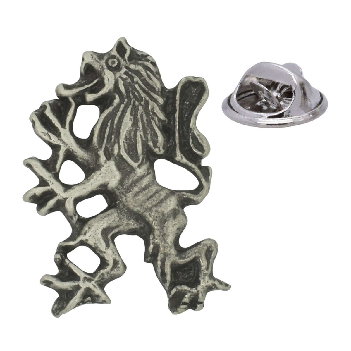 Antique silver-coloured Scottish lion rampant lapel pin with detailed mane, claws and butterfly clasp