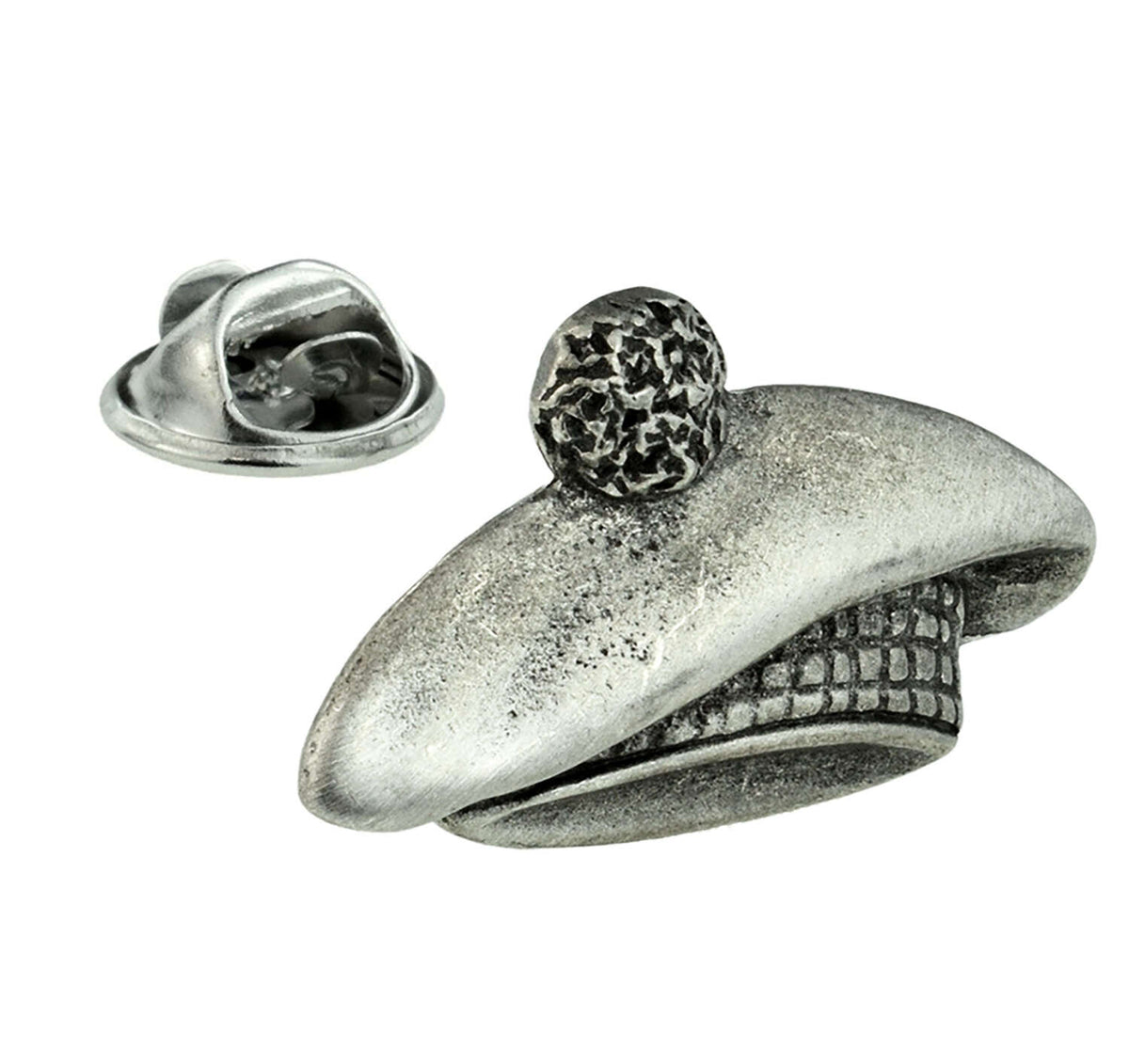 Antique silver-coloured Scottish Tam o Shanter bonnet lapel pin with pompom, patterned band and butterfly clasp