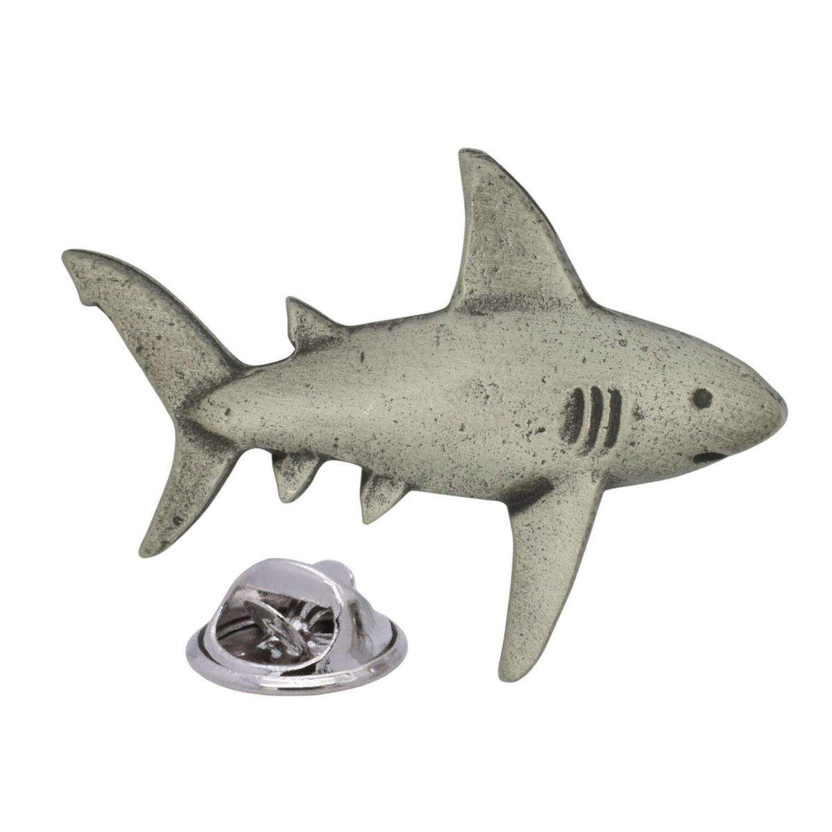 Antique silver-coloured shark lapel pin badge with dorsal fin, gill details and butterfly clasp