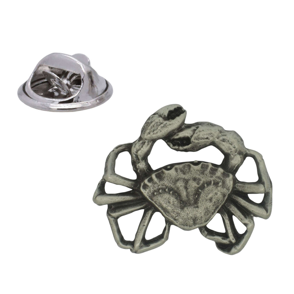 Antique silver-coloured crab lapel pin with raised claws, textured shell, legs and butterfly clasp