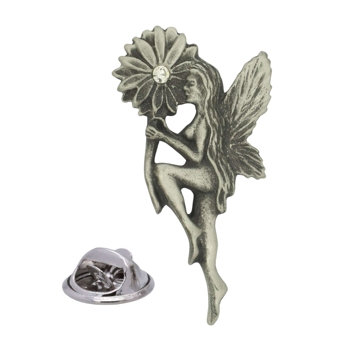 Antique silver-coloured flower fairy lapel pin with wings, flower and sparkling centre stone, butterfly clasp