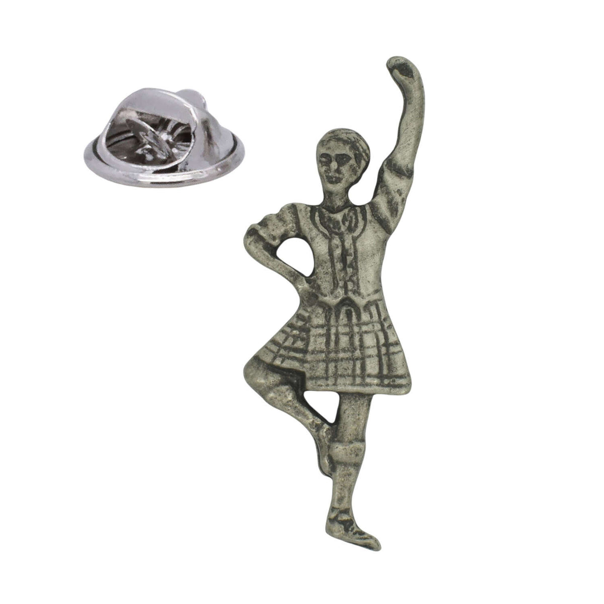 Antique silver-coloured Scottish Highland dancer in tartan kilt with raised arm and butterfly clasp