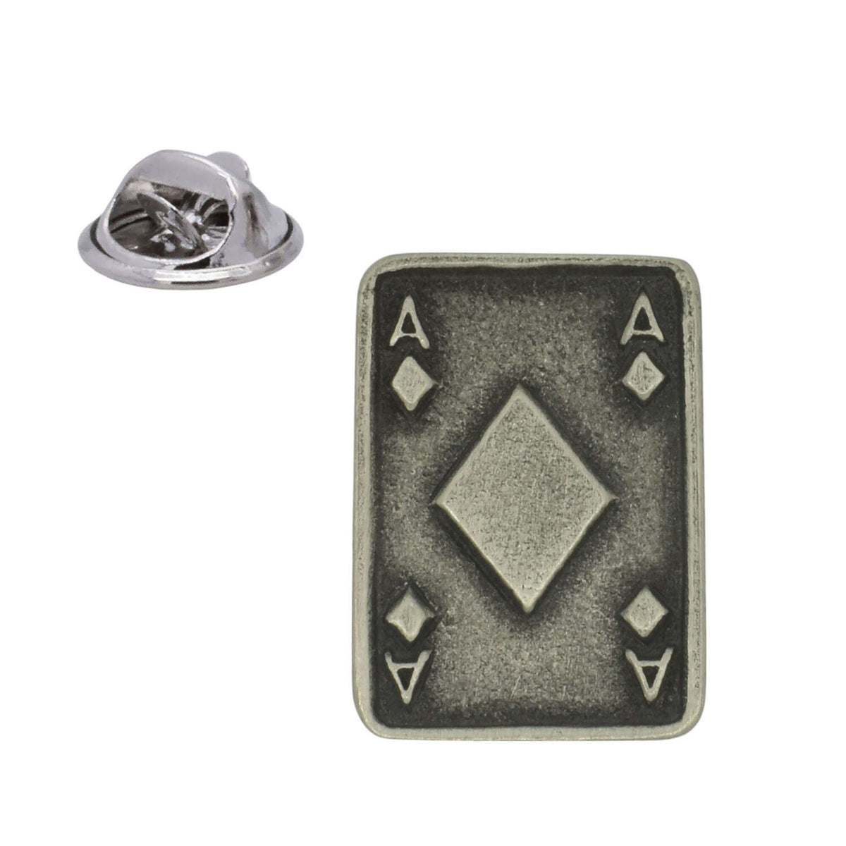 Antique silver-coloured Ace of Diamonds playing card lapel pin badge with butterfly clasp