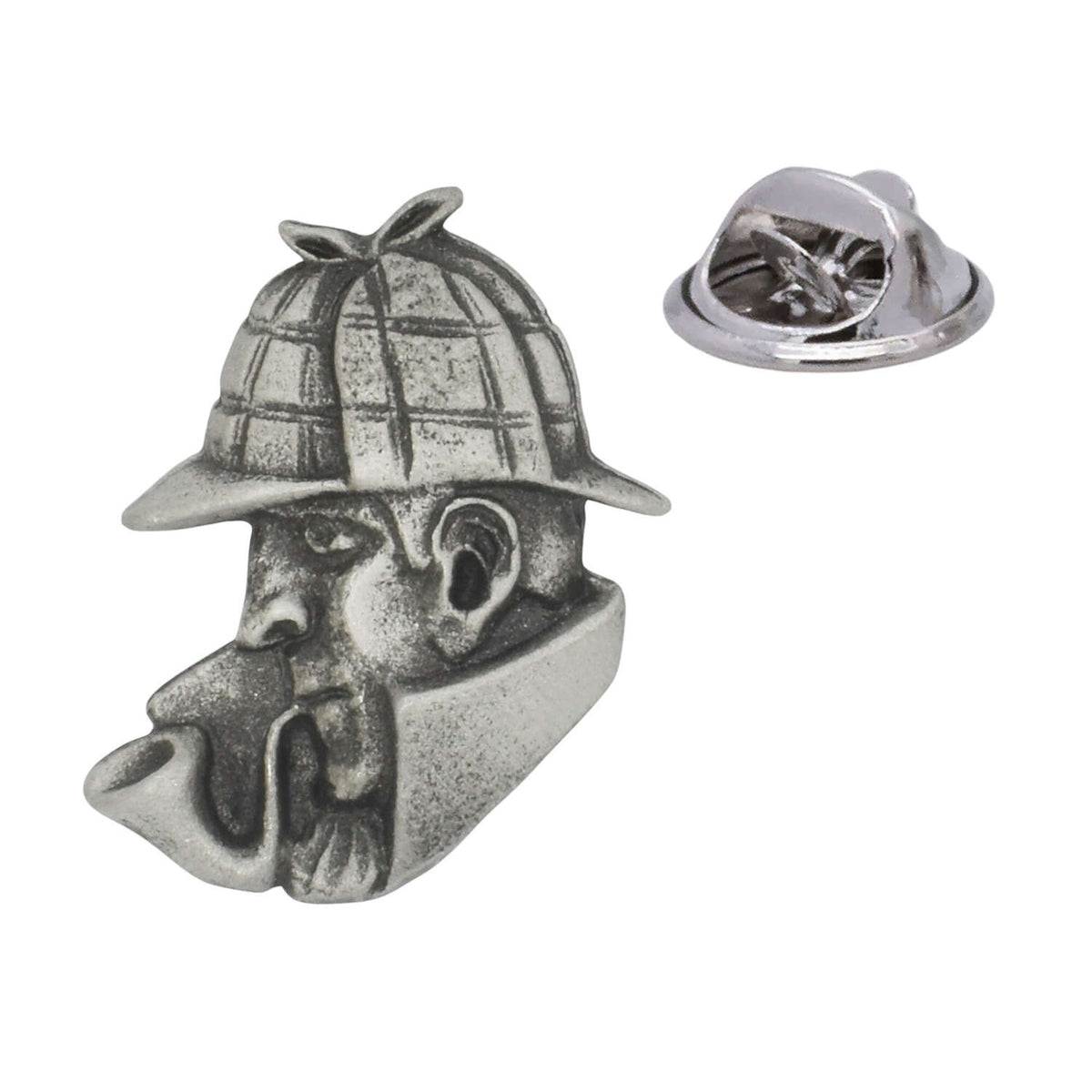 Antique silver-coloured Sherlock Holmes detective portrait lapel pin badge with deerstalker hat, pipe and butterfly clasp