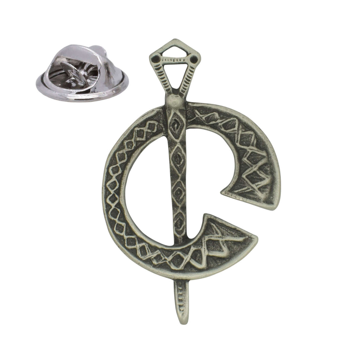 Antique silver coloured Tara brooch inspired Celtic circular pin badge with decorative interlace and butterfly clasp