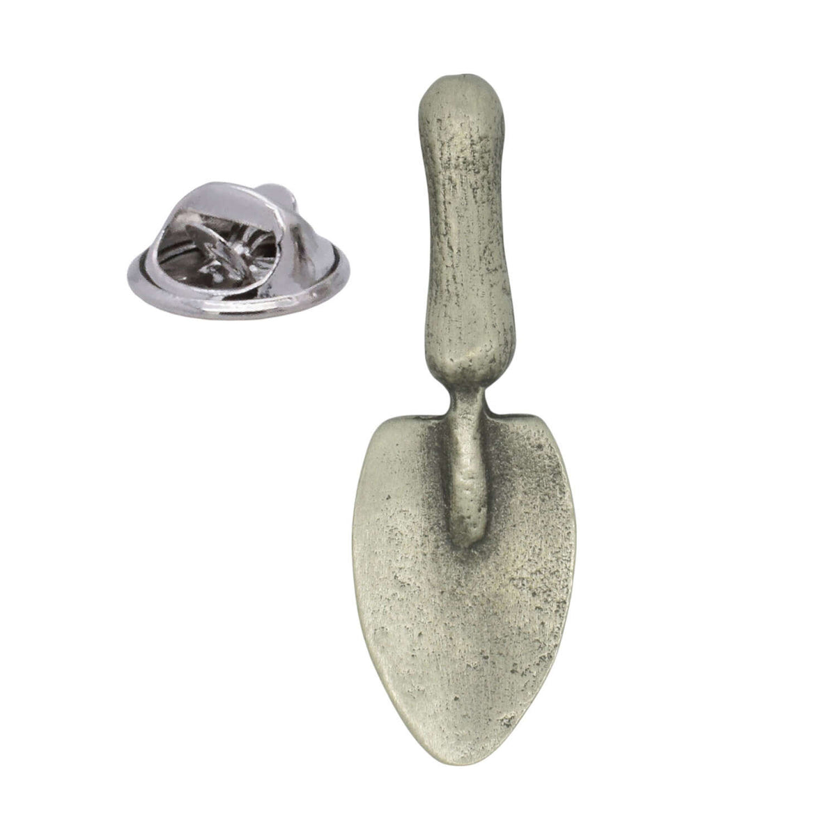 Antique silver-coloured garden trowel pewter lapel pin badge with butterfly clasp