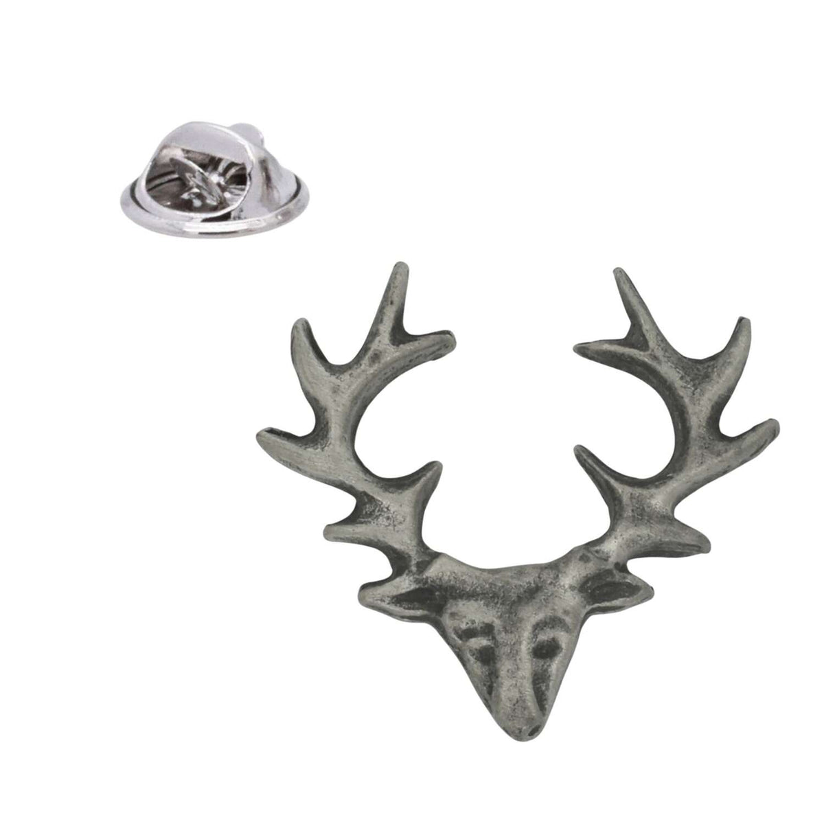 Antique silver-coloured stag head with branching antlers lapel pin badge and butterfly clasp