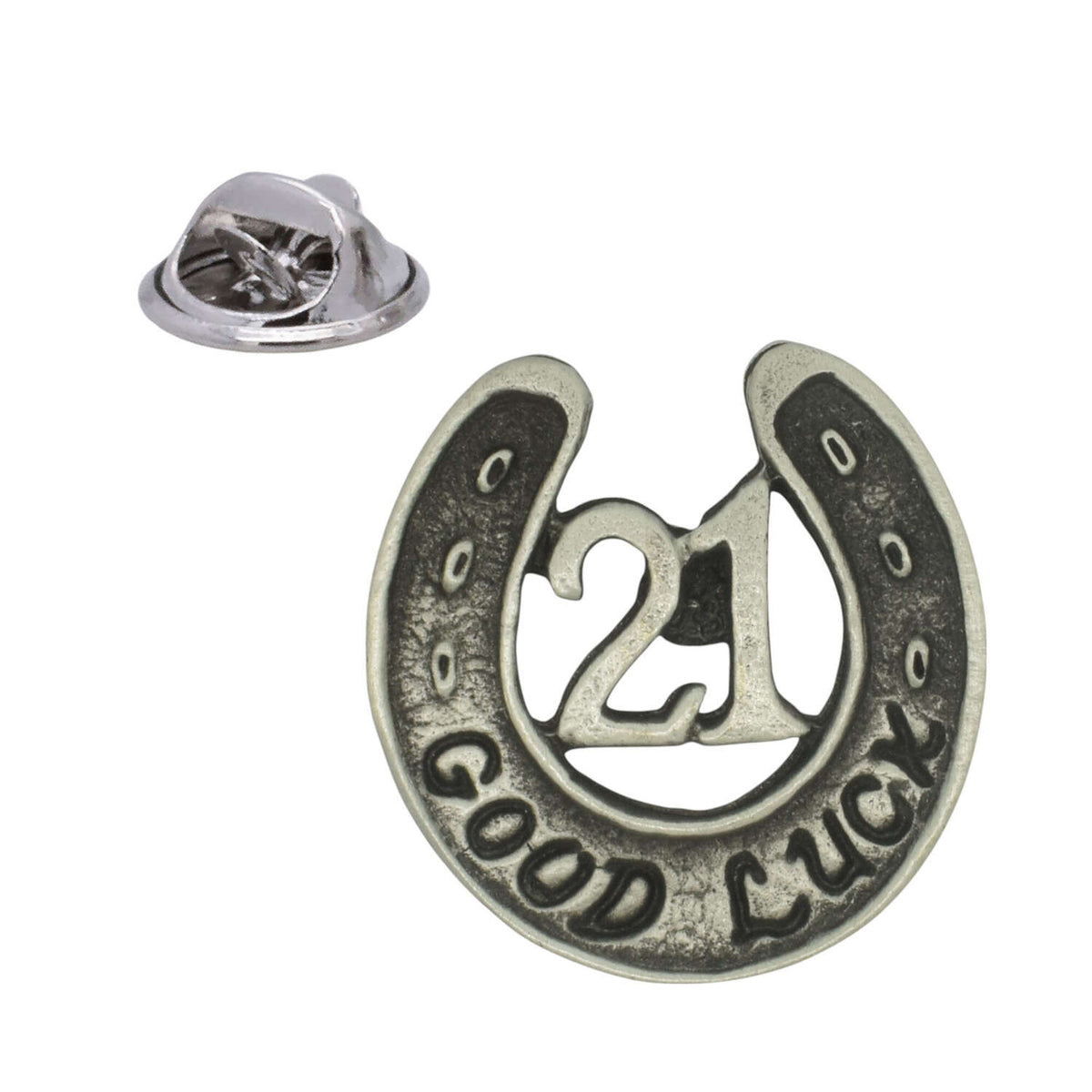 21st birthday good luck horseshoe pewter lapel pin badge with butterfly clasp