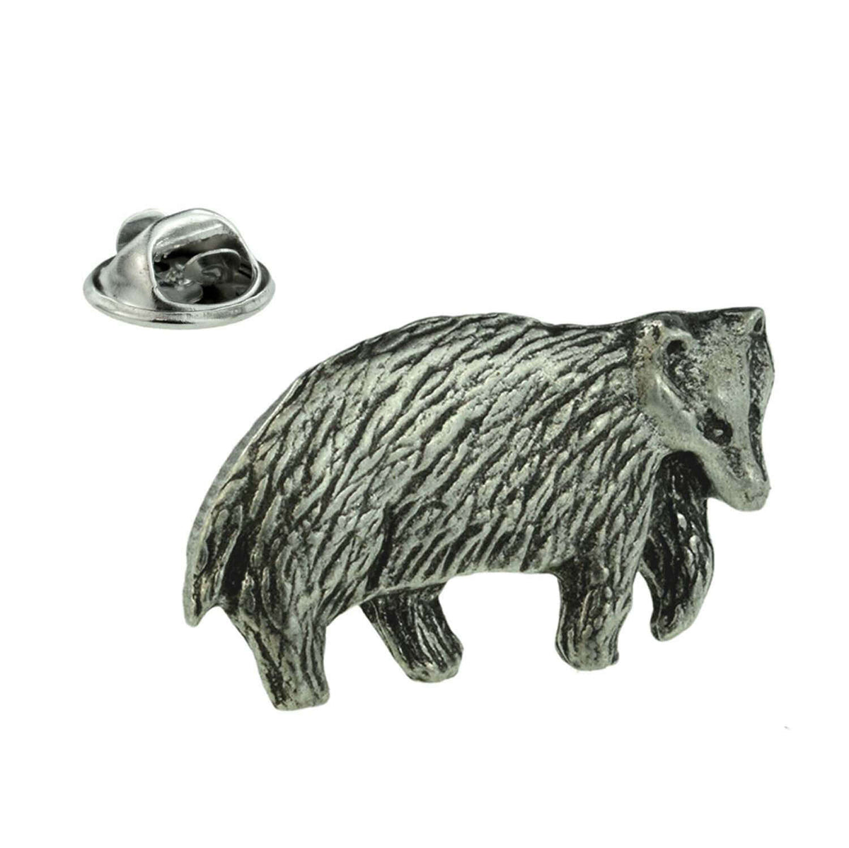 Badger pewter lapel pin badge with textured fur and antique silver finish, with butterfly clasp