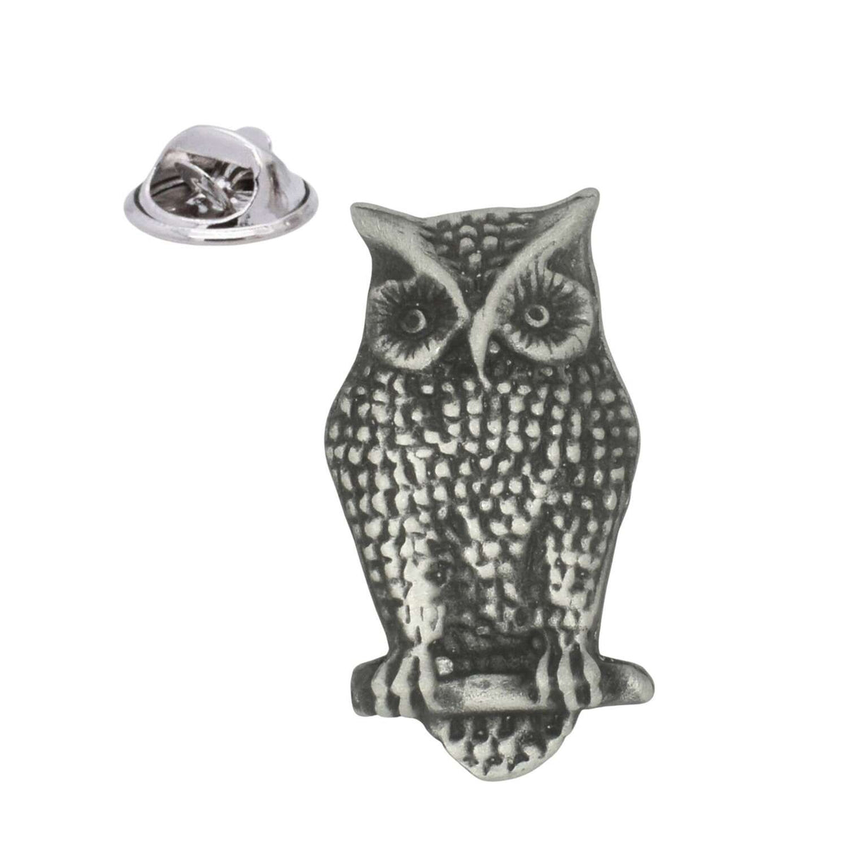 Antique silver pewter owl lapel pin badge with detailed feathers and butterfly clasp