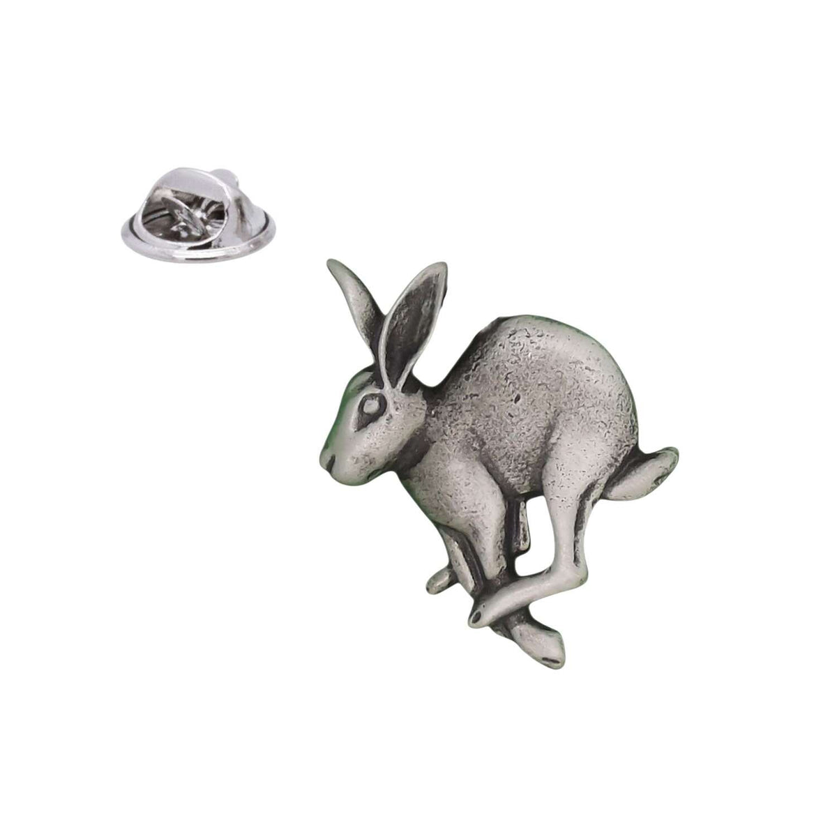 Running hare pewter lapel pin badge antique silver finish with butterfly clutch
