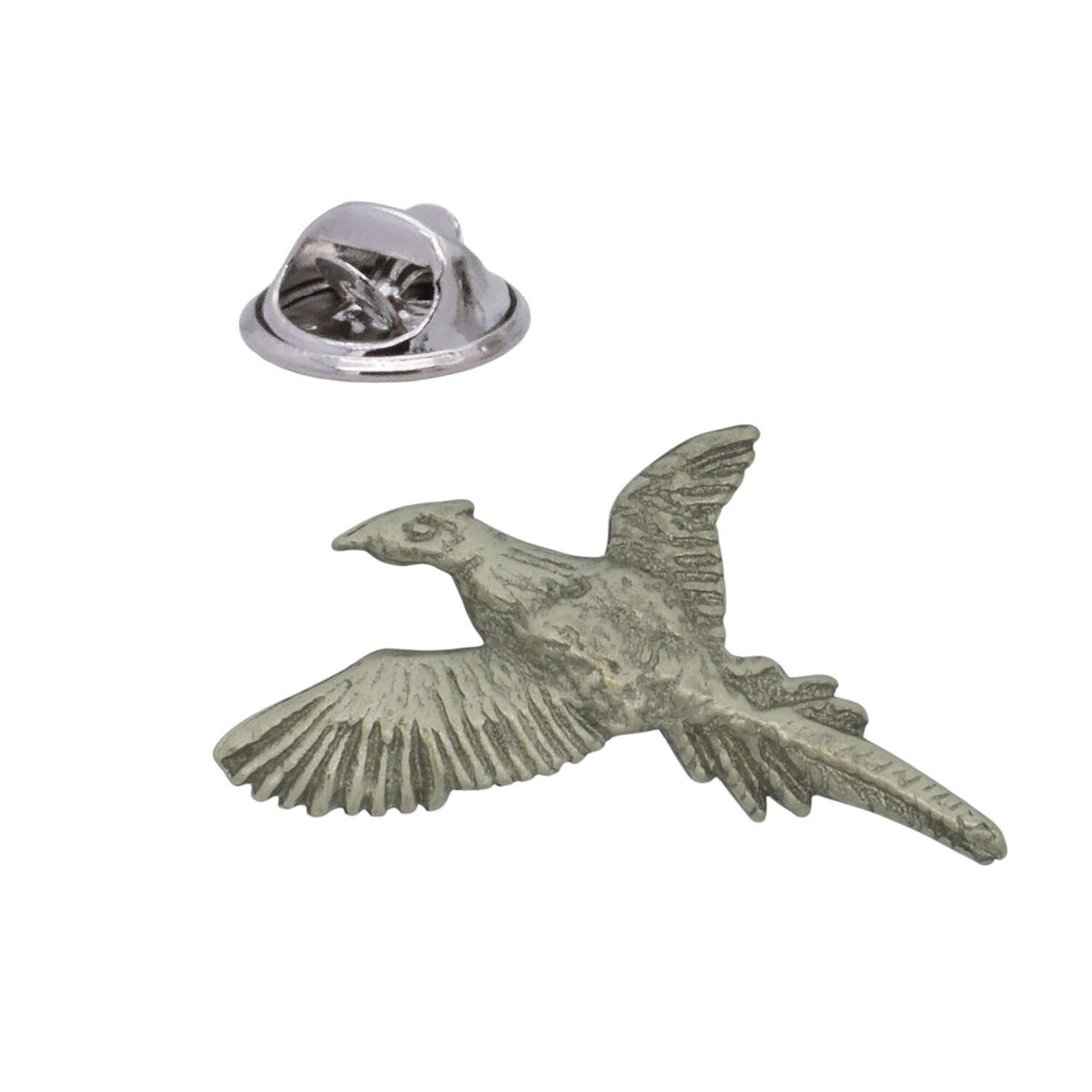 Flying pheasant pewter lapel pin with spread wings and long tail, antique silver finish and butterfly clasp