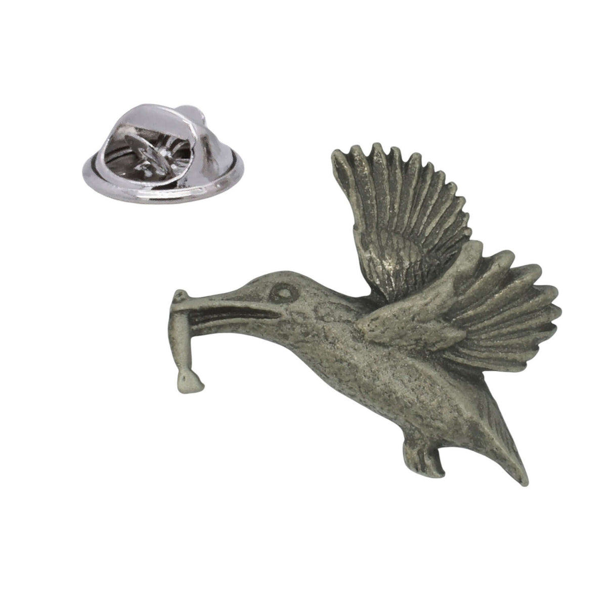 Pewter kingfisher bird in flight holding a fish, antique silver finish, with butterfly clasp