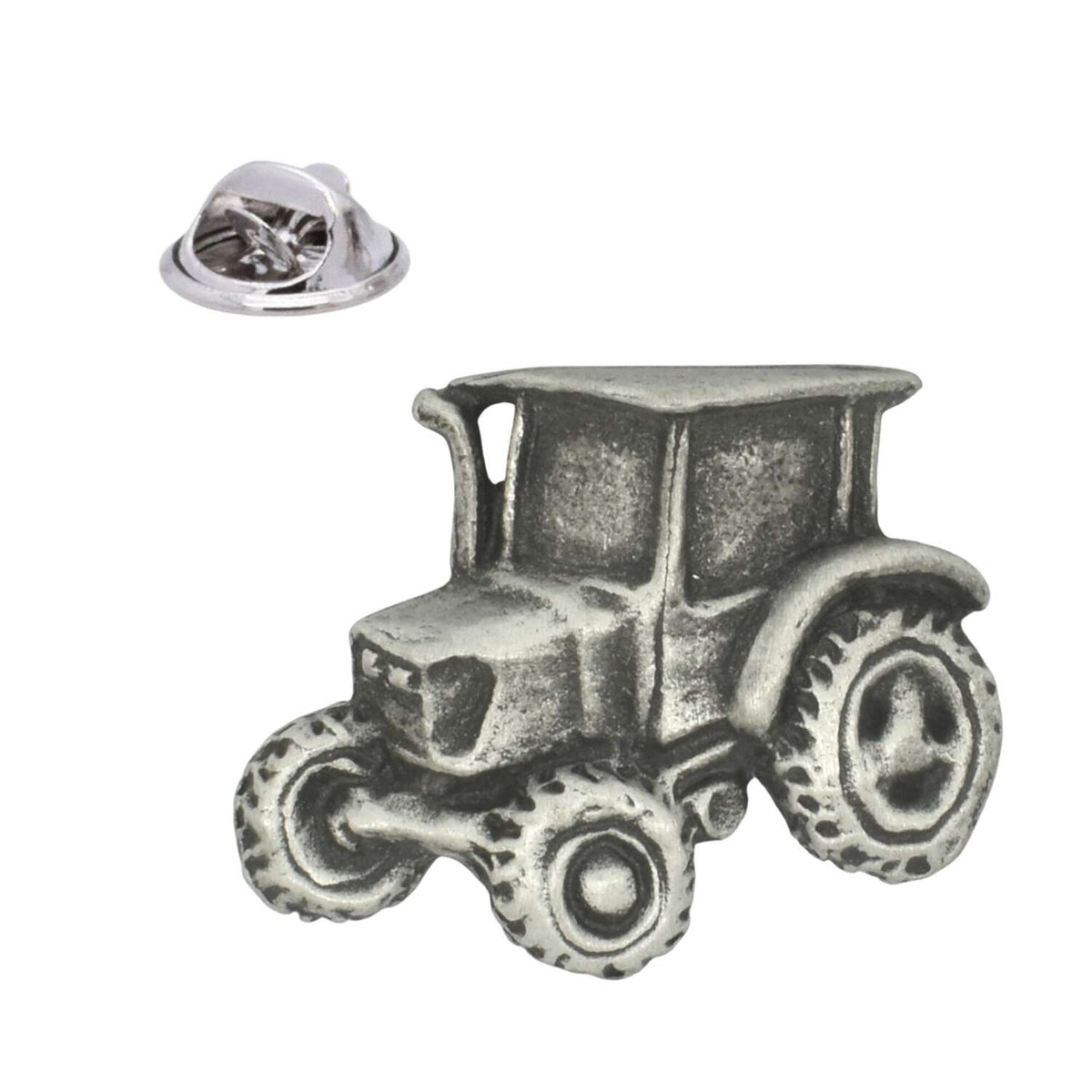 Vintage farm tractor pewter lapel pin badge in antique silver finish with butterfly clasp