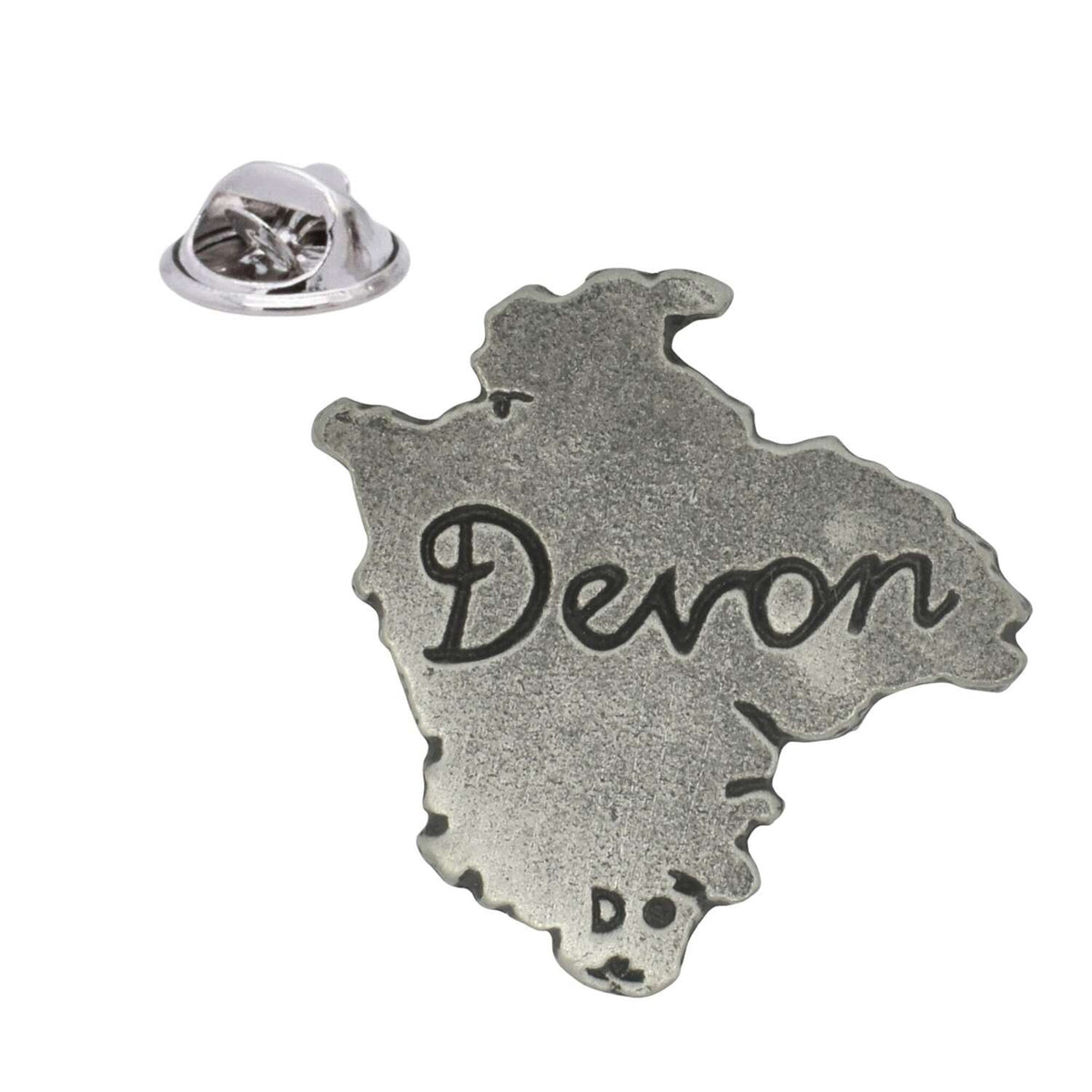 Devon county outline pewter lapel pin badge with Devon lettering and butterfly clasp