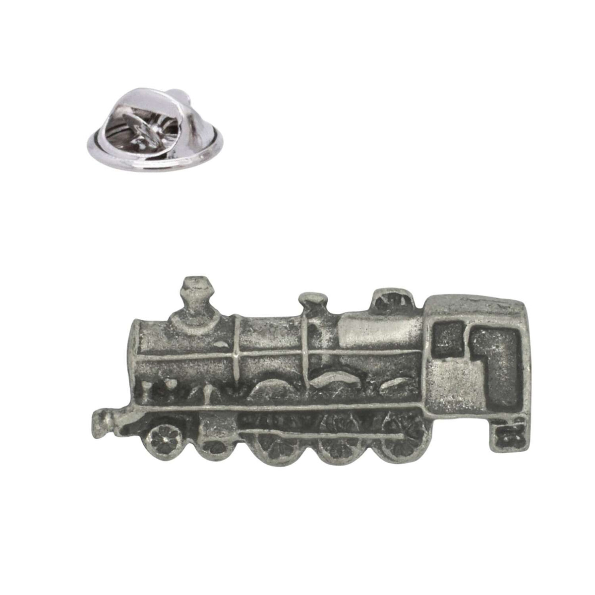 Vintage steam locomotive pewter lapel pin badge with detailed wheels chimney and butterfly clasp
