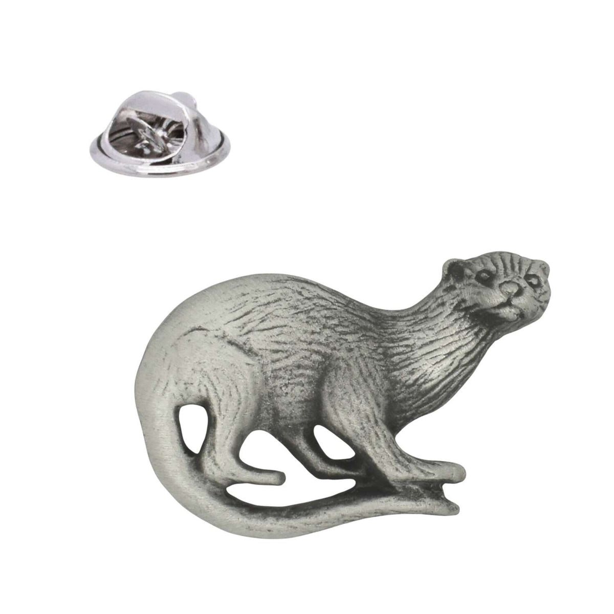 Otter pewter lapel pin badge with long curved tail, textured fur and butterfly clasp