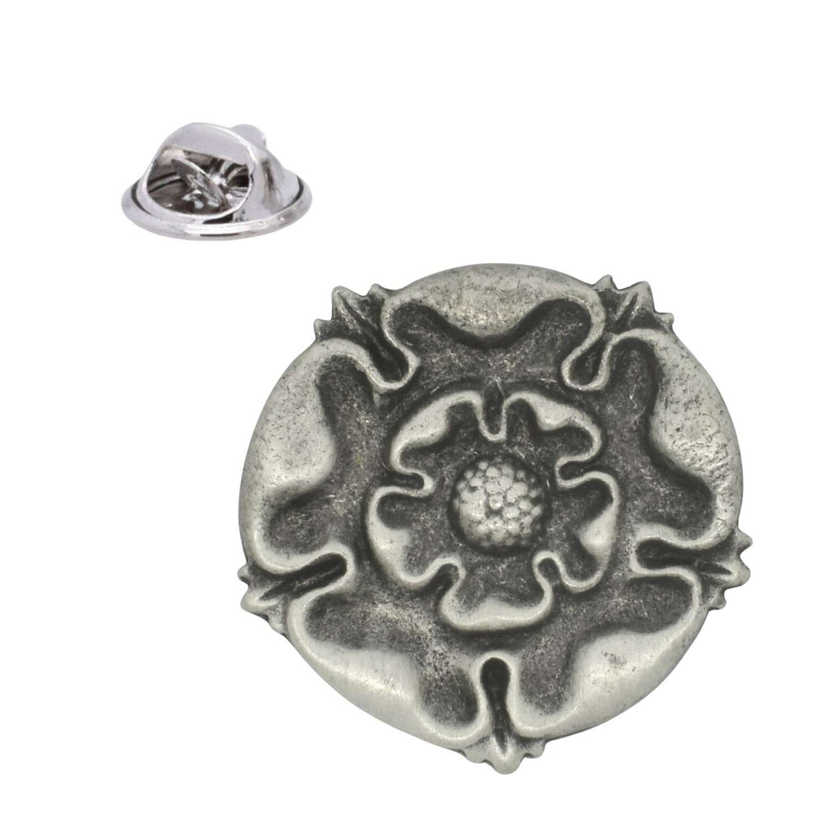 Tudor Rose pewter lapel pin badge with five-petal rose motif in antique silver finish and butterfly clasp