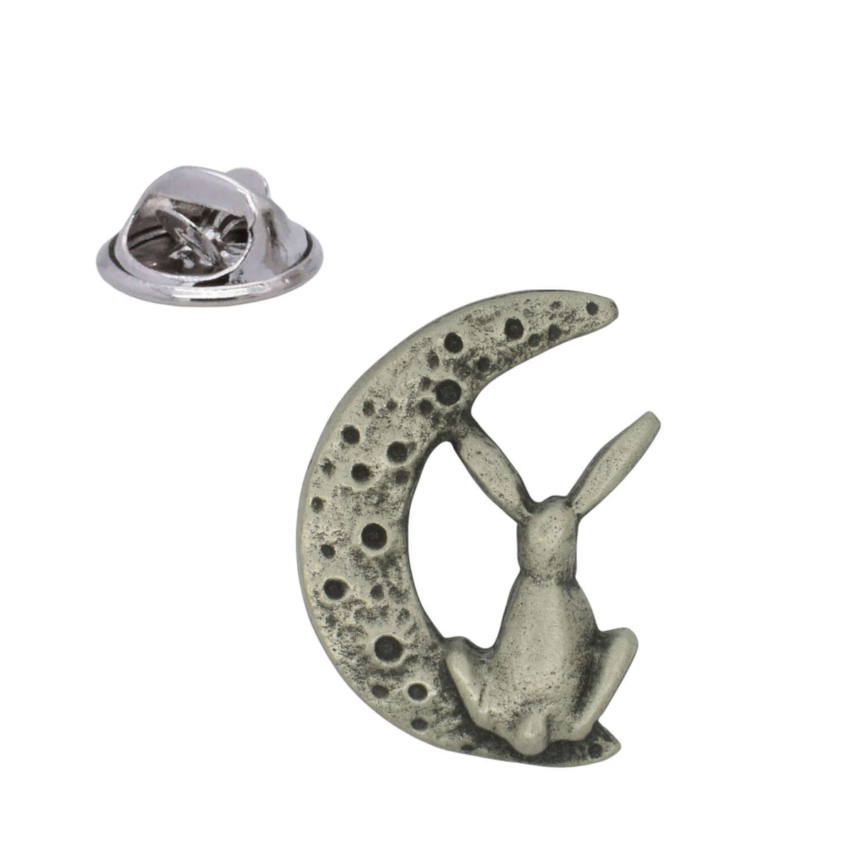 Moon gazing hare pewter lapel pin with seated hare facing crescent moon, antique silver finish and butterfly clasp