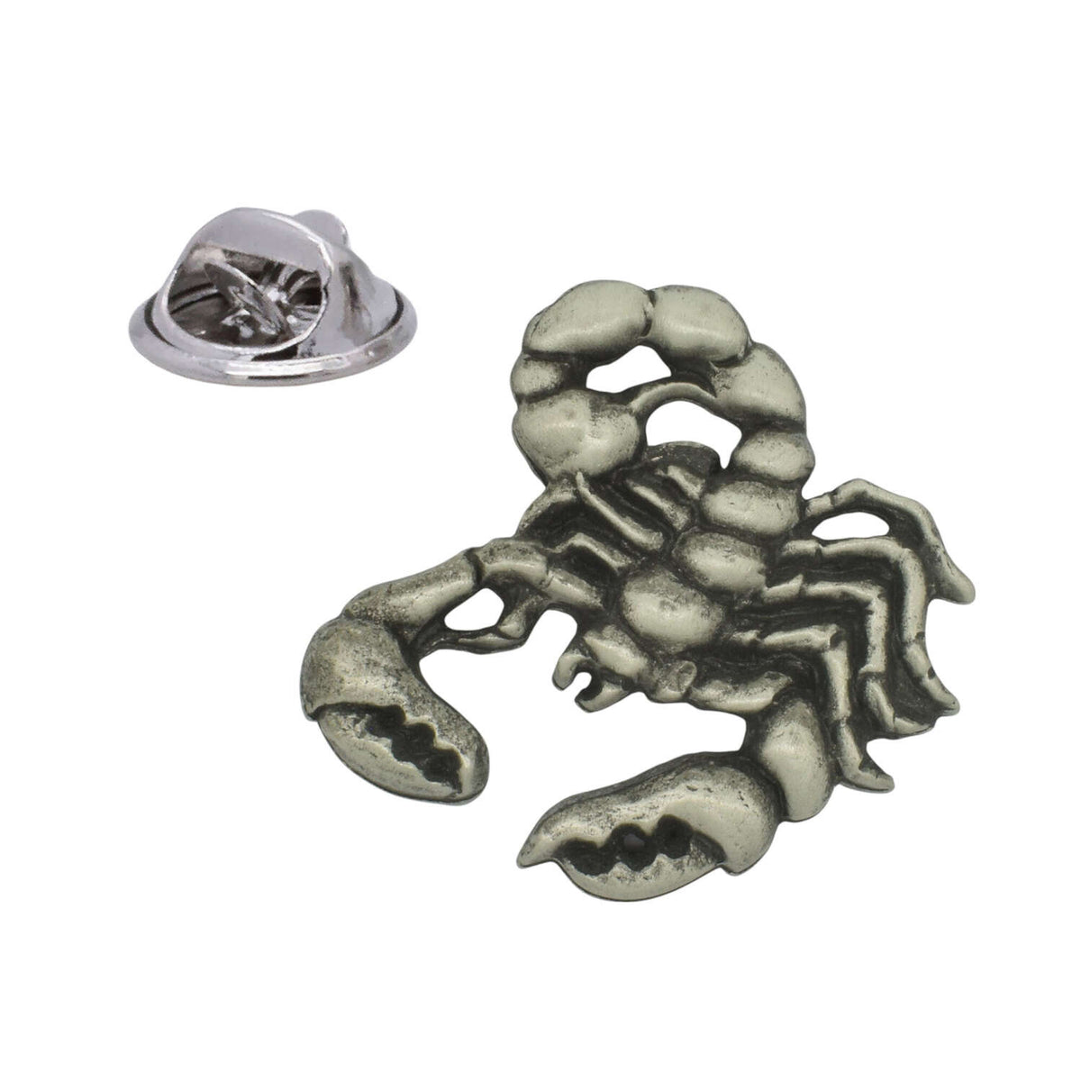 Scorpion pewter lapel pin badge with curled segmented tail, pincers and butterfly clasp