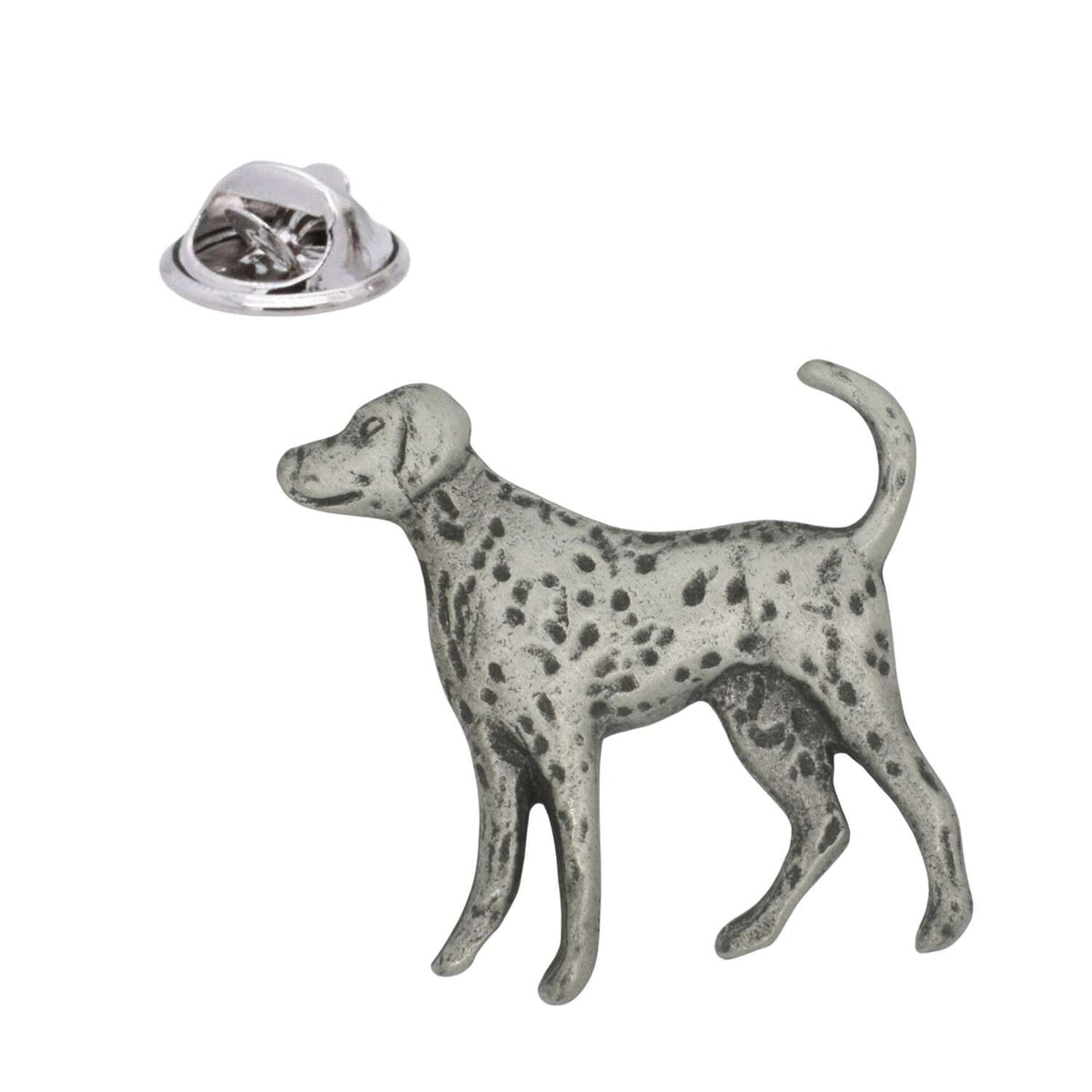 Dalmatian dog pewter lapel pin badge with spotted coat and curved tail, shown with butterfly clasp
