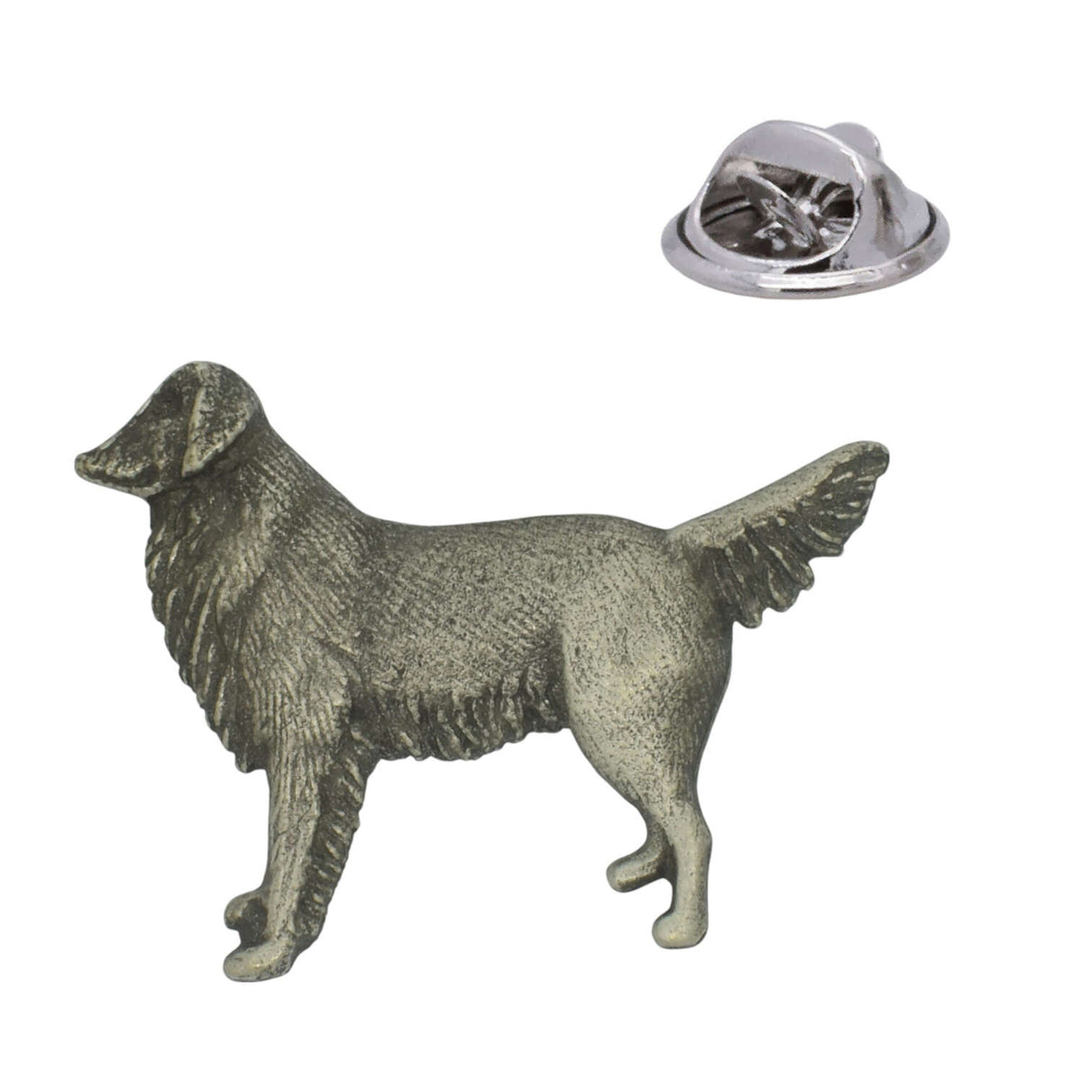 Golden Retriever dog pewter lapel pin badge in profile with feathery tail and butterfly clasp