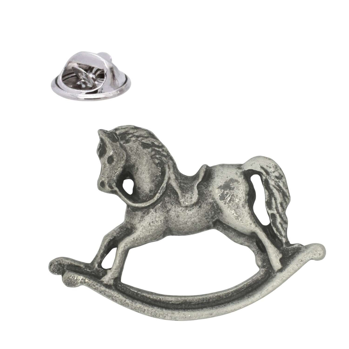 Antique silver pewter rocking horse lapel pin badge showing a traditional toy horse on curved rockers and a butterfly clasp