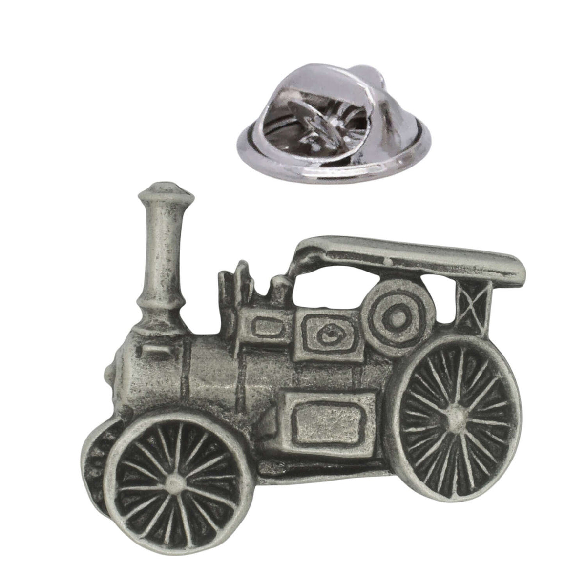 Vintage steam traction engine pewter lapel pin badge with chimney, large spoked wheels and butterfly clasp