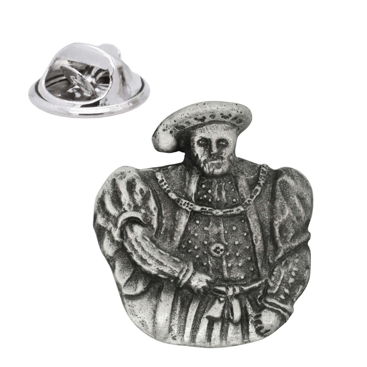 King Henry VIII pewter lapel pin badge in Tudor hat and ornate robes, shown with butterfly clasp