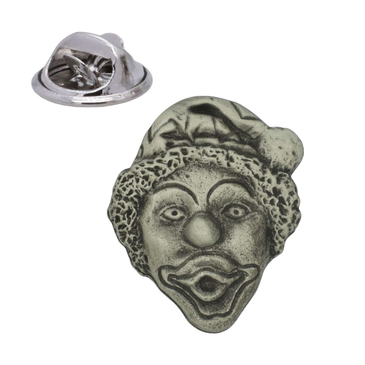 Clown face pewter lapel pin badge with rounded nose, curly hair, jester hat and butterfly clasp