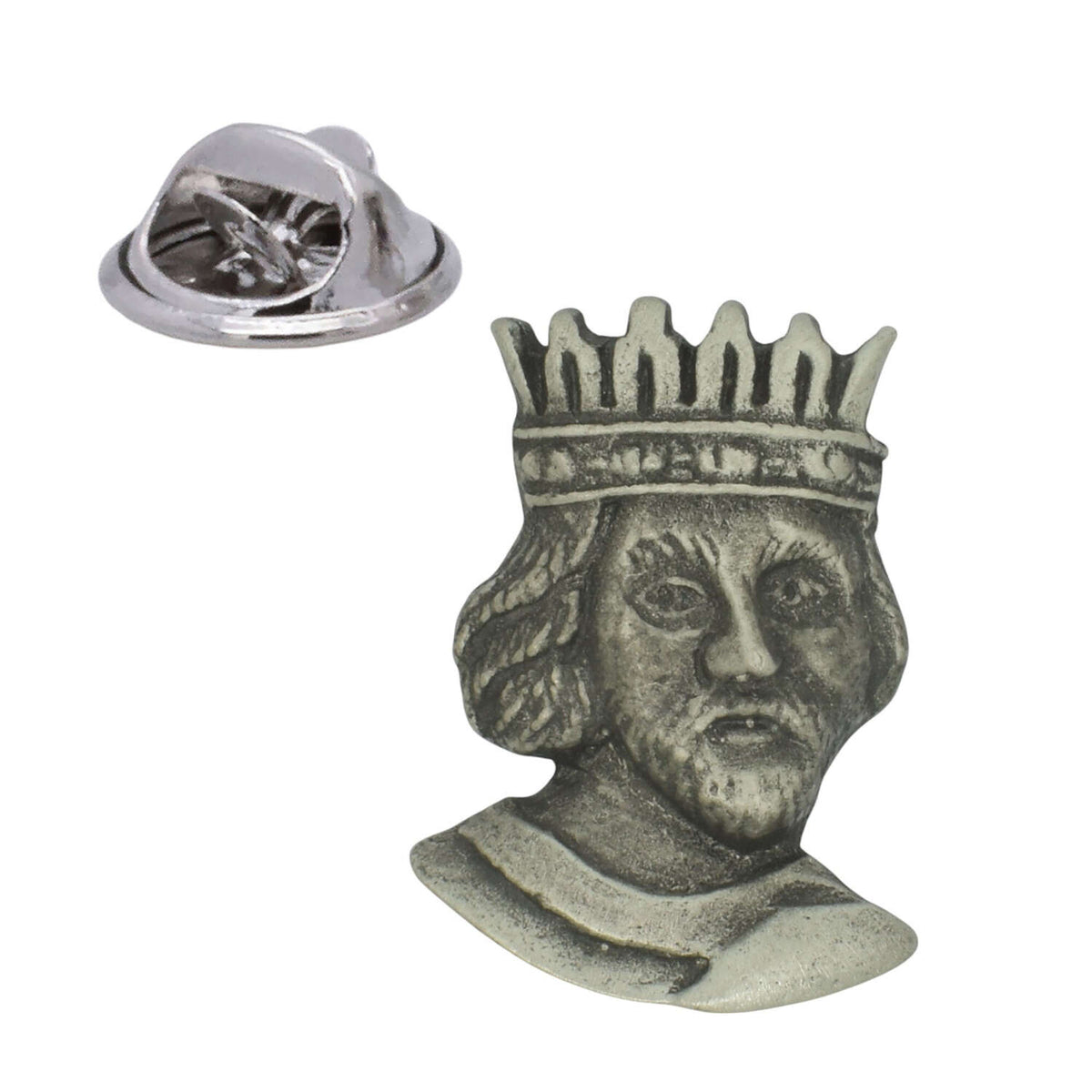 King Richard I the Lionheart pewter lapel pin portrait with crown and butterfly clasp
