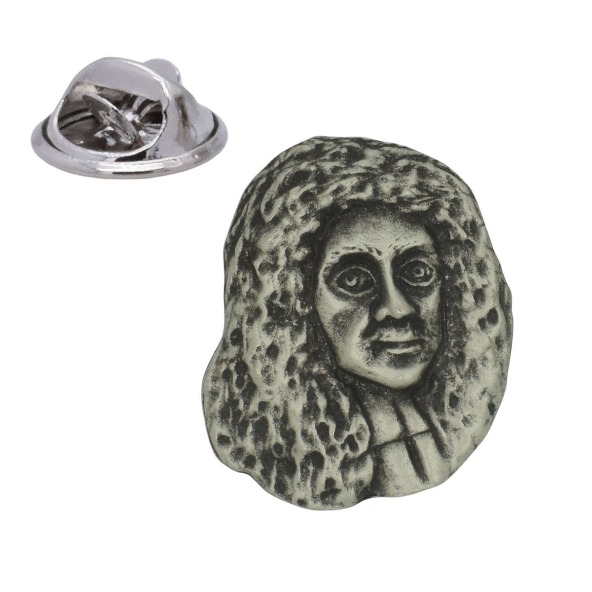 King Charles II pewter lapel pin badge with long curled wig and butterfly clasp
