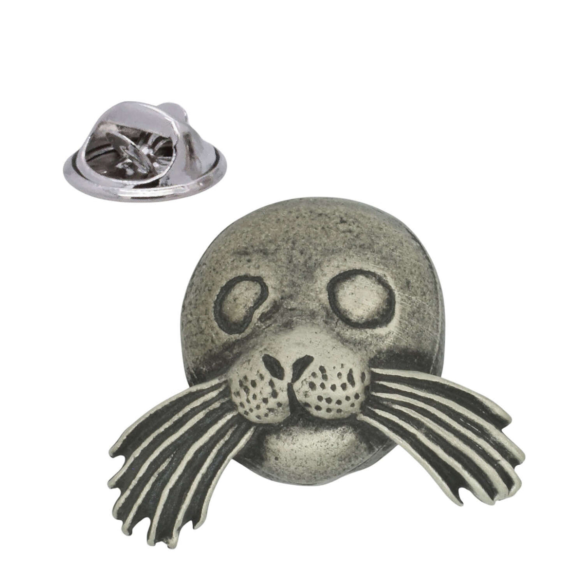Sea lion face pewter lapel pin badge with long whiskers and butterfly clasp