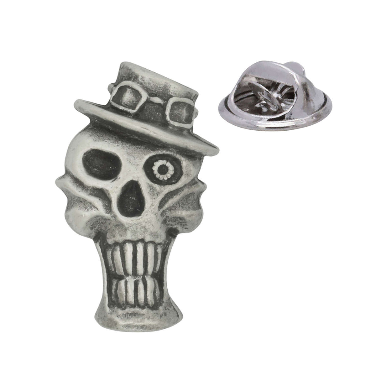 Pewter skull top hat lapel pin badge with butterfly clasp
